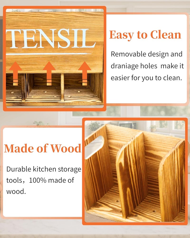 brekle Kitchen Utensil Holder Rustic Large Wooden Utensil Organizer Cooking Tools Storage (Farmhouse Wooden) - Image 5